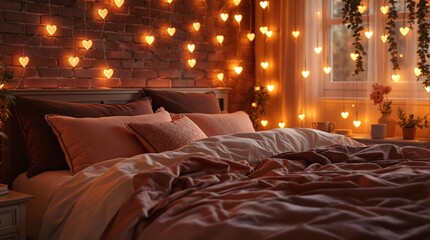 Poster - a cozy bedroom with a bed covered in a red blanket, a window adorned with fairy lights and greenery, and a headboard against a brick wall.