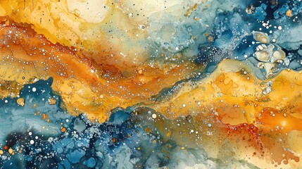 Poster - A painting of a blue and orange sky with a lot of white and blue paint splatters