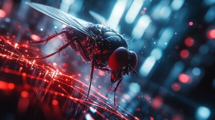 Wall Mural - Captivating macro photography showcasing the intricate and mesmerizing details of a vibrant glowing fly with its compound eyes antenna