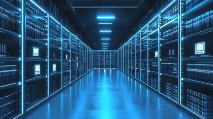 Poster - A large room with many computer servers and a blue light