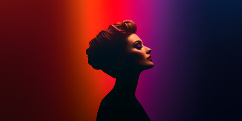 Wall Mural - Silhouette of a woman with red hair and dramatic makeup, posed against a vibrant red and purple gradient background.  A striking image of beauty and style.