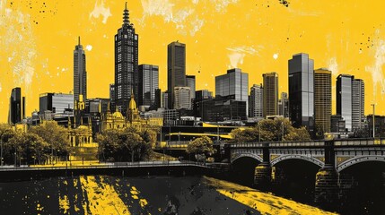 Urban Skyline of Melbourne Showcasing Modern Architecture and Historical Buildings Under a Bright Yellow Sky, Capturing the Vibrant Spirit of the City