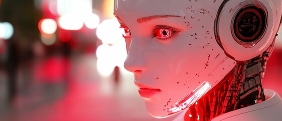 Wall Mural - Female android in city, red light, future tech