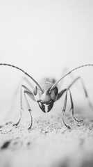 Wall Mural - Eerie close up view of a menacing insect creature with its long spindly legs and compound eyes lurking in the shadows