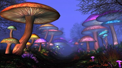 a whimsical scene of giant colorful mushrooms in a mystical forest bathed in blue fog