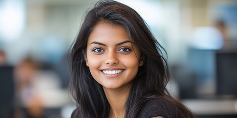 Wall Mural - Smiling woman, office background, portrait