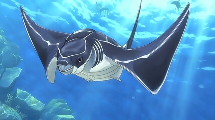 manta ray swimming gracefully in the ocean with other manta rays in the distance