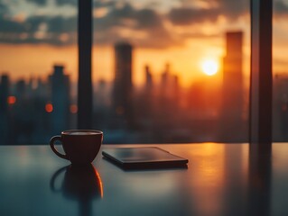 Wall Mural - Sunset city view, coffee, tablet, desk