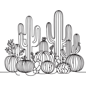 Cactus continuous single line art outline Vector illustration drawing for home and interior botanical plant concept on a white background