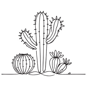 Cactus continuous single line art outline Vector illustration drawing for home and interior botanical plant concept on a white background