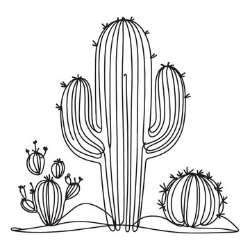 Cactus continuous single line art outline Vector illustration drawing for home and interior botanical plant concept on a white background