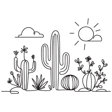 Cactus continuous single line art outline Vector illustration drawing for home and interior botanical plant concept on a white background
