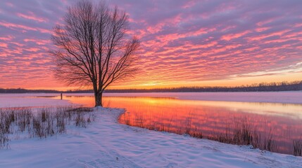 Wall Mural - Winter sunrise, tree, frozen lake, colorful sky, peaceful landscape