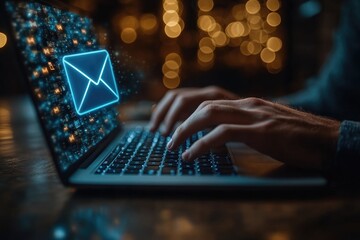 Poster - a person typing on a laptop with an email icon on the screen, ideal for depicting work or online com