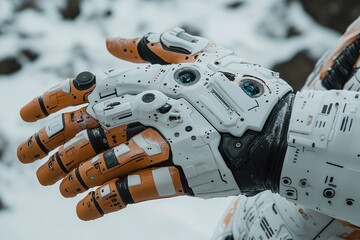 Poster - A close-up view of a robotic hand wearing a mechanical glove, ideal for use in technology-related concepts