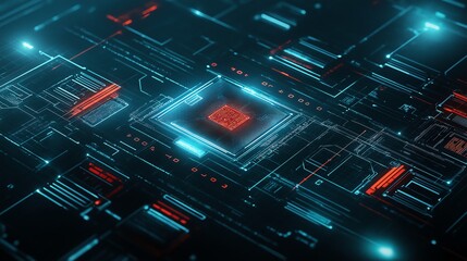 Poster - A futuristic circuit board design with glowing elements and intricate patterns. The image showcases a blend of blue and red lights, emphasizing technology and innovation.