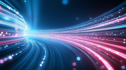Poster - A vibrant abstract depiction of glowing light trails in blue and pink, creating a sense of dynamic movement and energy against a dark background, representing innovation and speed.