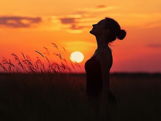 Wall Mural - Woman silhouetted sunset field freedom joy