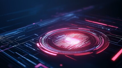 Poster - Futuristic digital interface with glowing lines and circles, creating a vibrant visual representation of advanced technology and innovation in a virtual space.