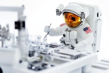 Poster - An astronaut in a white space suit typing away on a computer, possibly in a space station or mission control