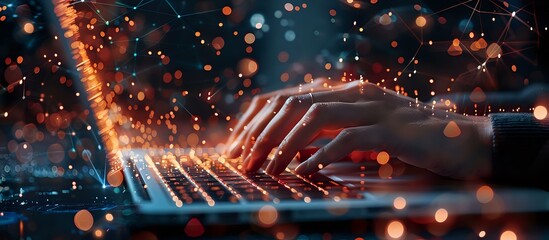 Poster - Hands typing on illuminated keyboard in dark room with magical light effects and bokeh overlay, perfect for cybersecurity, technology, and digital transformation concepts.