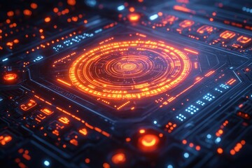 Poster - a circuit board with a glowing circle at its center