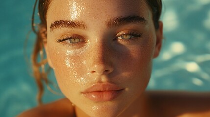 Wall Mural - Woman's face, pool, sun, summer, beauty, skincare, water, close-up