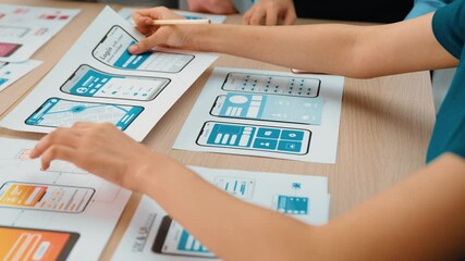 Poster - panorama video of startup ux developer or company employee design user interface or ui prototype for