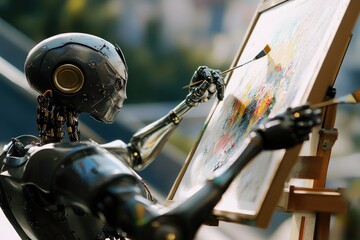 Poster - A robot painting on a canvas with bright colors and creative strokes