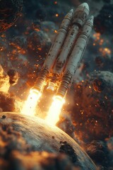 Wall Mural - a rocket soaring through the sky above a distant planet