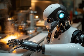 Poster - A robot preparing food on a kitchen stove