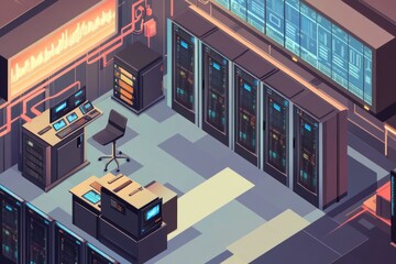 Poster - A modern server room with a desk and chair, suitable for office or data center environments