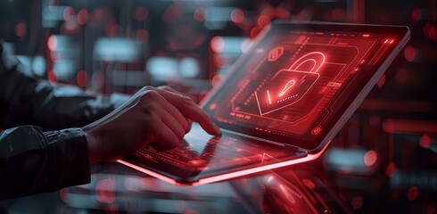 Poster - Cybersecurity threat concept with glowing red padlock on laptop screen in dark environment, perfect for digital security, data protection and cyber attack awareness campaigns.