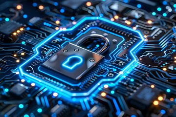 Poster - Digital security lock glowing with blue neon light on computer circuit board, representing cybersecurity and data protection for technology business concepts.