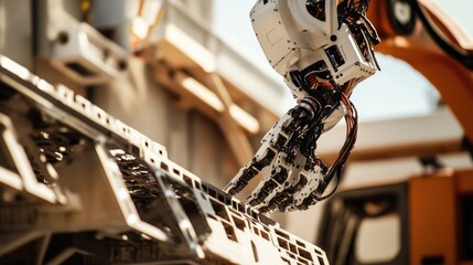  - Robotic hand holds a keyboard on a table, a versatile asset for futuristic and tech-related concepts