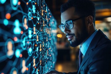 Poster - A person sitting at a desk looking at a computer screen with a focused expression