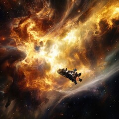 Wall Mural - a space station in flight through a star-filled galaxy, suitable for sci-fi and futuristic concepts