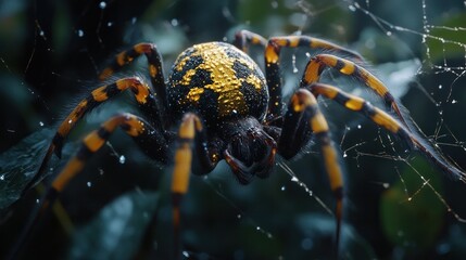Wall Mural - A large hairy spider with black and yellow markings crawling on its web in a dark rainy forest at night  The ominous sinister looking arachnid appears to be lurking ready to pounce on its prey