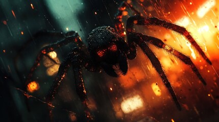 Wall Mural - A close up image of a large black spider with glowing red eyes and fangs set against a dramatic backdrop of swirling flames lightning and a stormy foreboding atmosphere
