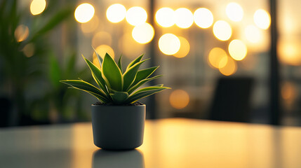 Poster - Close-up of succulent plant in white pot with warm bokeh light background