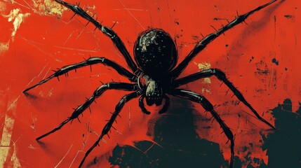 Wall Mural - Fearsome Black Spider with Menacing Fangs and Legs Lurking on Ominous Red and Orange Abstract Backdrop Creating an Eerie Sinister and Nightmarish Atmosphere