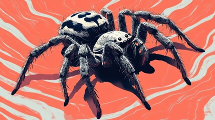 Wall Mural - Dramatic close up image of a large hairy spider with prominent fangs and a menacing expression crawling across a vibrant orange and white textured background  The spider s furry body multiple eyes
