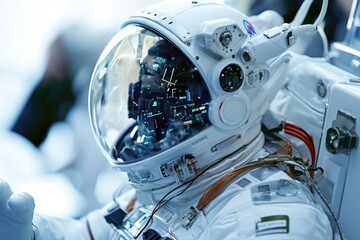Wall Mural - a close-up view of a person wearing a space suit, suitable for use in science fiction or futuristic 