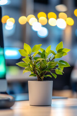 Poster - Close-up of artificial plant in a pot with bokeh lights in the background