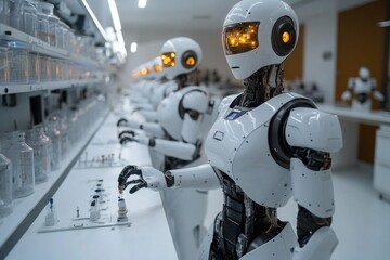 Poster - a group of robots standing together in a room, ready for action