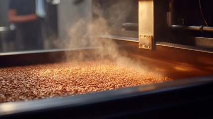 Wall Mural - Close-up of steaming roasted coffee beans in a commercial roasting machine, showcasing the process