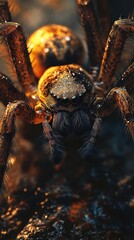 Wall Mural - Extreme close up macro shot of a large hairy and intimidating spider with intense piercing eyes and prominent fangs capturing the creature s fierce and creepy appearance in a dark natural environment