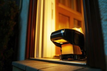 Poster - A close-up shot of a light on a window sill, perfect for use in interior design or architectural projects