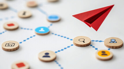 Poster - Digital communication concept with wooden icons, blue lines, and red paper airplane symbolizing connection. Business background