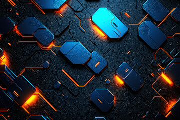 Poster - Bold overlapping tech shapes in metallic blue and orange glowing on textured black surface create a modern abstract pattern